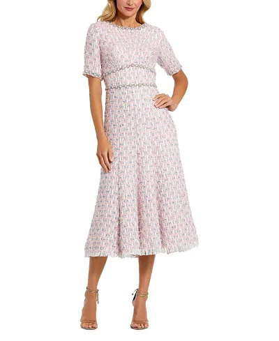 Mac Duggal Women's Short Sleeve Beaded Trim Boucle Midi Dress In Pink