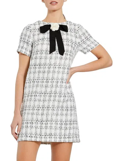 Mac Duggal Short Sleeve High Neck Boucle Mini Dress In White