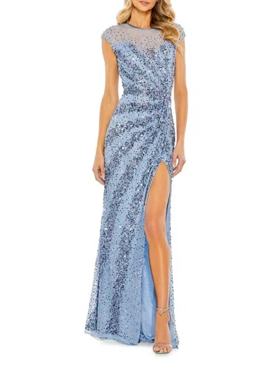 Mac Duggal Embellished Illusion High Neck Cap Sleeve Gown In French Blue