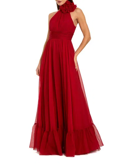 Mac Duggal 56254 Long Prom 3d Floral Applique Pleated Formal Dress In Red