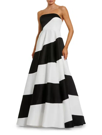 Mac Duggal Strapless Satin Ballgown With Bold Colorblock Stripes In Multi