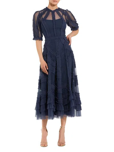 Mac Duggal Petite Illusion High Neck Tiered Ruffle A-line Midi Dress In Blue
