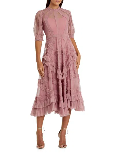 Mac Duggal Petite High Illusion Neck Ruffle Tiered A-line Midi Dress In Purple