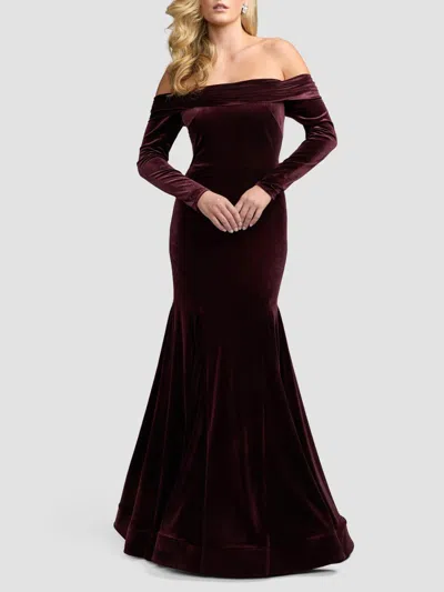 Mac Duggal Velvet Off The Shoulder Long Sleeve Mermaid Gown In Burgundy