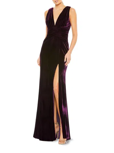 Mac Duggal Velvet Pleated Wrapping Sleeveless Jersey Gown In Purple
