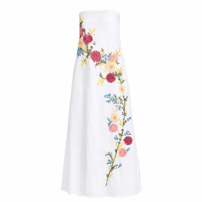 Mac Duggal Floral Embroidered Linen Strapless Trapeze Gown In White