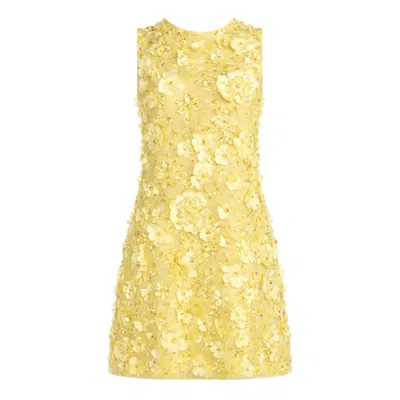 Mac Duggal Floral Beaded Mesh Sleeveless Trapeze Mini Dress In Yellow