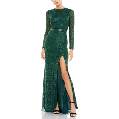 Pre-owned Mac Duggal Womens Beaded Lattice Formal Evening Dress Gown Bhfo 6490 In Bottle Green
