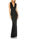 Mac Duggal Beaded Cap Sleeve V Neck Column Gown In Black