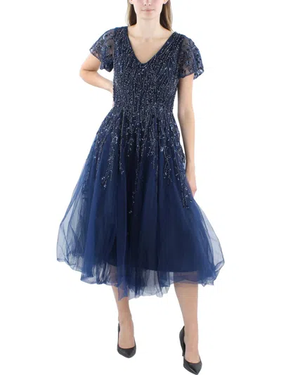 Mac Duggal Womens Beaded Sequined Evening Dress In Blue