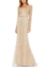 Mac Duggal Embroidered Applique Shoulder Detail Trumpet Gown In Gold