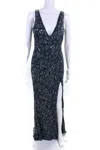 Mac Duggal Womens Blue Beaded Sequins V-neck Zip Back Slits Gown Dress In Blue