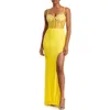 Mac Duggal Spaghetti Strap Beaded Sheer Bodice Gown With Slit In Yellow
