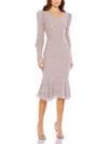 Mac Duggal Sequined V Neck Illusion Long Sleeve Trumpet Dress In Purple