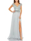Mac Duggal Beaded Sequin Cap Sleeve A-line Gown In Grey