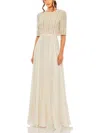 Mac Duggal Chiffon Gown With Fully Beaded 3/4 Sleeve Top In Brown