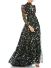 Mac Duggal Floral Chiffon High-neck Gown With Sheer Puff Sleeves And Lace-up Cutouts In Black