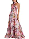 Mac Duggal Asymmetrical Ruffled Halter Floral Gown In Multi