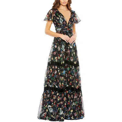 Mac Duggal Floral Print Pleated Wrap Over Butterfly Sleeve Dress In Black Multi