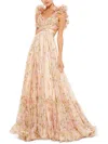Mac Duggal Ruffle Tiered Cut-out Chiffon Floral Gown In Pink