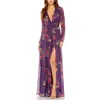 Mac Duggal Long Sleeve Ruched Top Deep V-neckline Gown In Multi