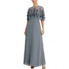 Mac Duggal Sleeveless Gown With Embellished Cape In Blue