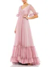Mac Duggal Romantic Ruffled Butterfly Sleeve Gown With Wrap-over V-neck And Tiered Skirt In Multi