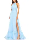 Mac Duggal High Neck Tiered Chiffon Halter Gown In Blue