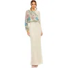 Mac Duggal Embellished Multi Color Floral High Neck Gown In Beige