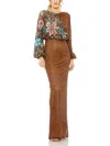 Mac Duggal Embellished Sequin Long Sleeve Blouson Gown In Brown