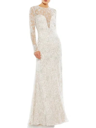 Mac Duggal Womens Embellished Beaded Evening Dress In White