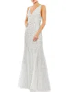 Mac Duggal Sequined Plunge Neck Sleeveless Column Gown In White