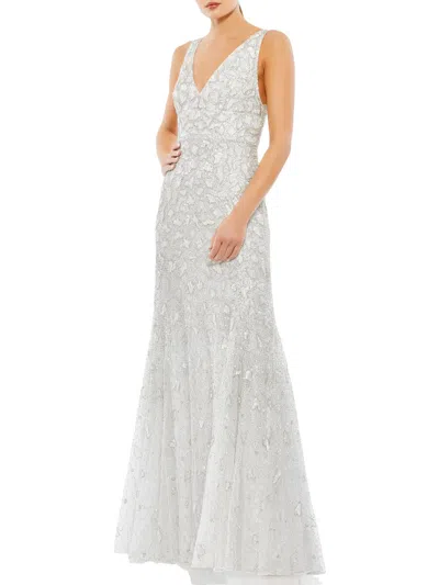 Mac Duggal Womens Embellished Beaded Evening Dress In White