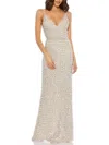 Mac Duggal Geometric Embellished Crystal Drop V-neck Gown In White