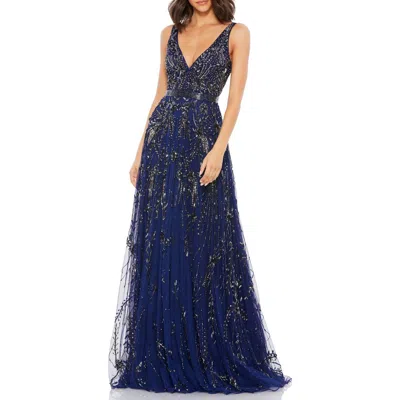 Mac Duggal Womens Embellished Crepe Evening Dress In Blue