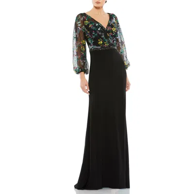 Mac Duggal Embroidered Illusion Puff Sleeve Column Gown In Black Multi