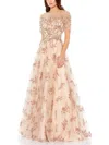 Mac Duggal Embellished Illusion Short Sleeve A Line Gown In Champagne In White