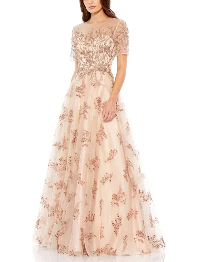 Mac Duggal Embellished Illusion Short Sleeve A Line Gown In Champagne In Neutral