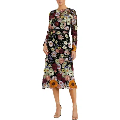 Mac Duggal Hand Stitched Floral Embellished High Neck A-line Dress In Black Multi