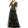 Mac Duggal Embellished Gathered Puff Sleeve Faux Wrap Gown In Black