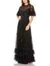 Mac Duggal Rufflered Floral Embellished Flutter Sleeve A-line Gown In Black