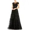 Mac Duggal Embellished Floral Cap Sleeve A Line Gown In Black
