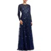 Mac Duggal Embellished High Neck Long Sleeve A-line Gown In Blue