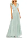 Mac Duggal Sequined Wrap Over Ruffled Cap Sleeve Gown In Blue
