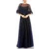 Mac Duggal Embellished A Line Dress With Feather Detail Cape In Blue