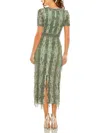 Mac Duggal High Neck Short Sleeve Crystal Fringe Column Dress In Green
