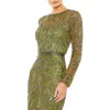 Mac Duggal Beaded Long Sleeve Evening Gown In Green