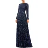 Mac Duggal Embellished Illusion High Neck Long Sleeve A Line Gown In Multi