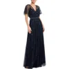 Mac Duggal V Neck Embellished Flutter Sleeve A Line Gown In Multi
