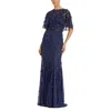 Mac Duggal Embellished Illusion Cape Sleeve Trumpet Gown In Multi